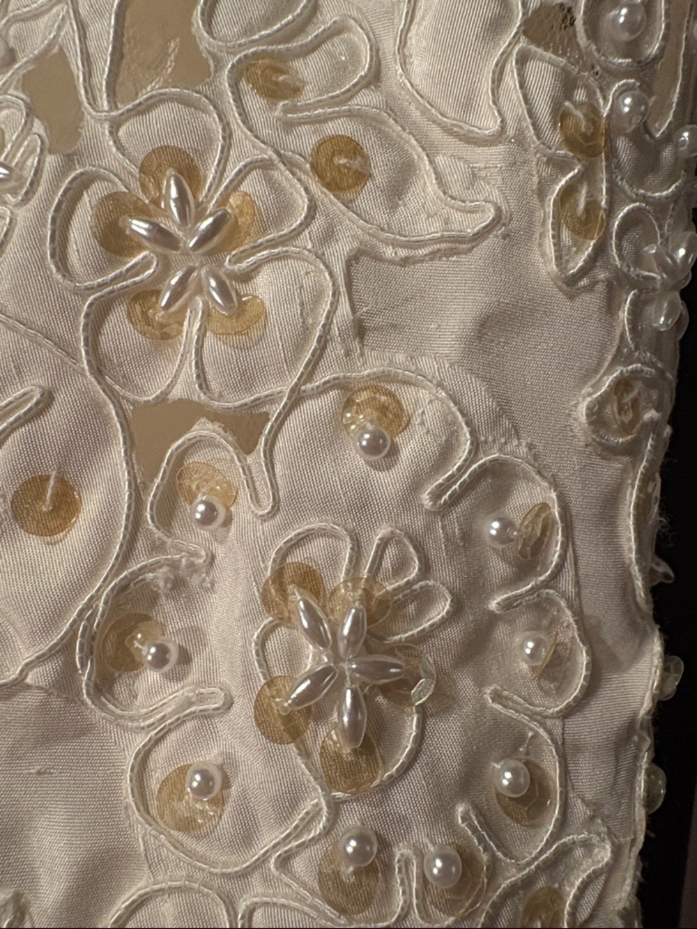 1980s Vintage Ivory Long-Sleeve Wedding Dress Size 8/10 Medium Pearl & Sequin - Picture 6 of 17